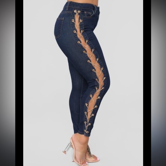 Fashion Nova Denim - Fashion Nova Dark Blue Chain Lace-Up Jeans